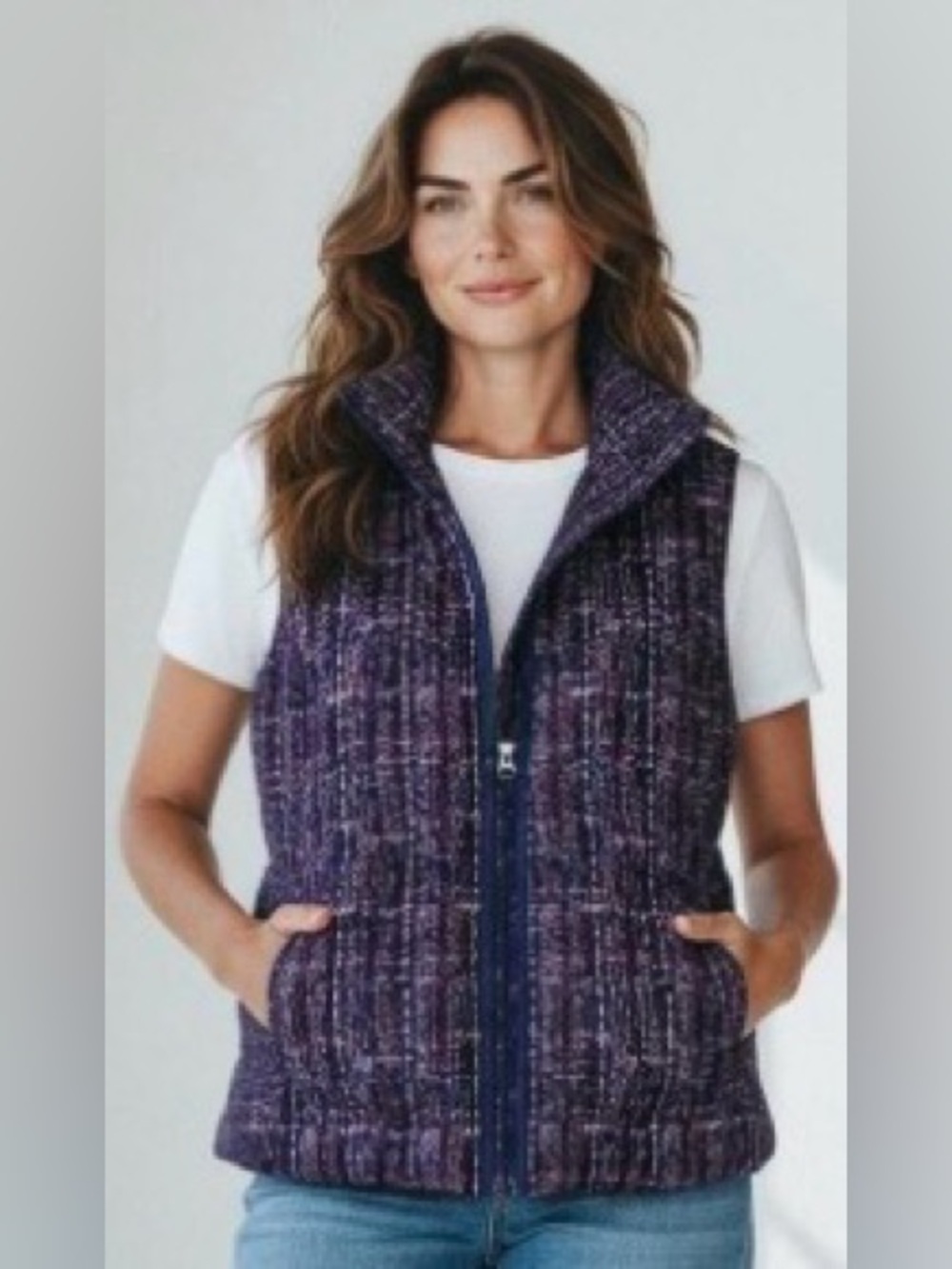 Like New Lands End Down Puffer Purple Plaid Zip-Front Women's Vest Size XS